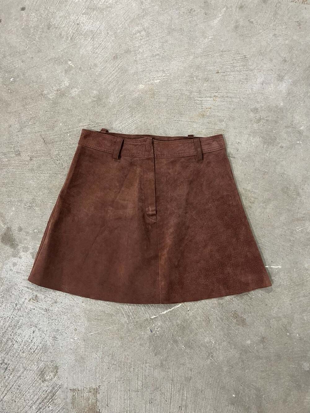 Vintage 80s Swann Genuine Leather Suede Mini Skirt Brown A-Line Women’s 26